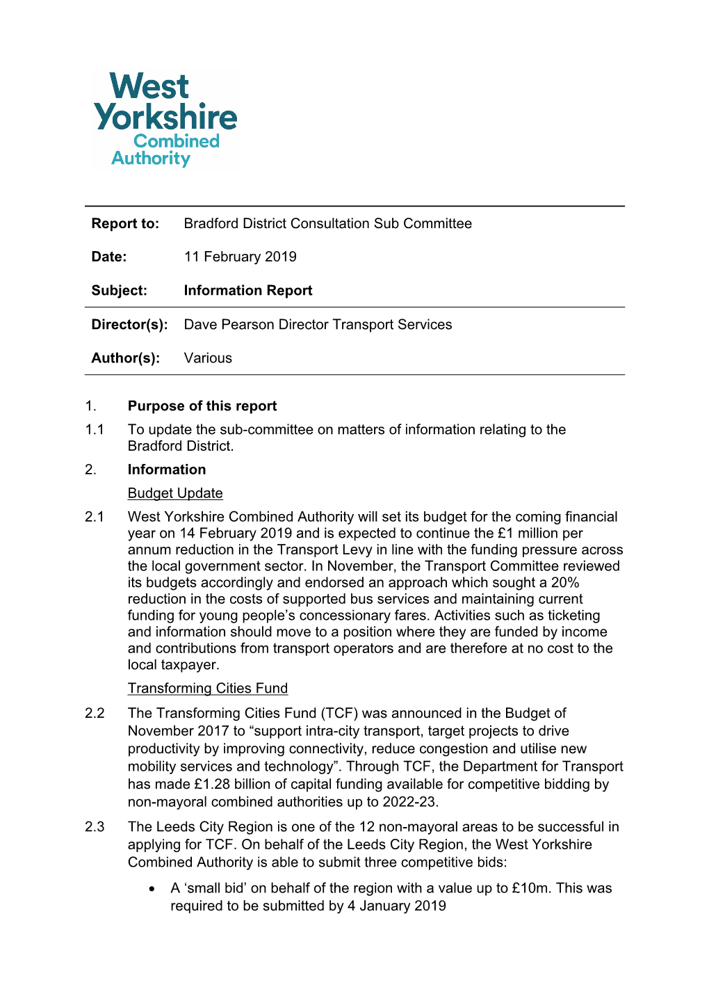 Report To: Bradford District Consultation Sub Committee Date