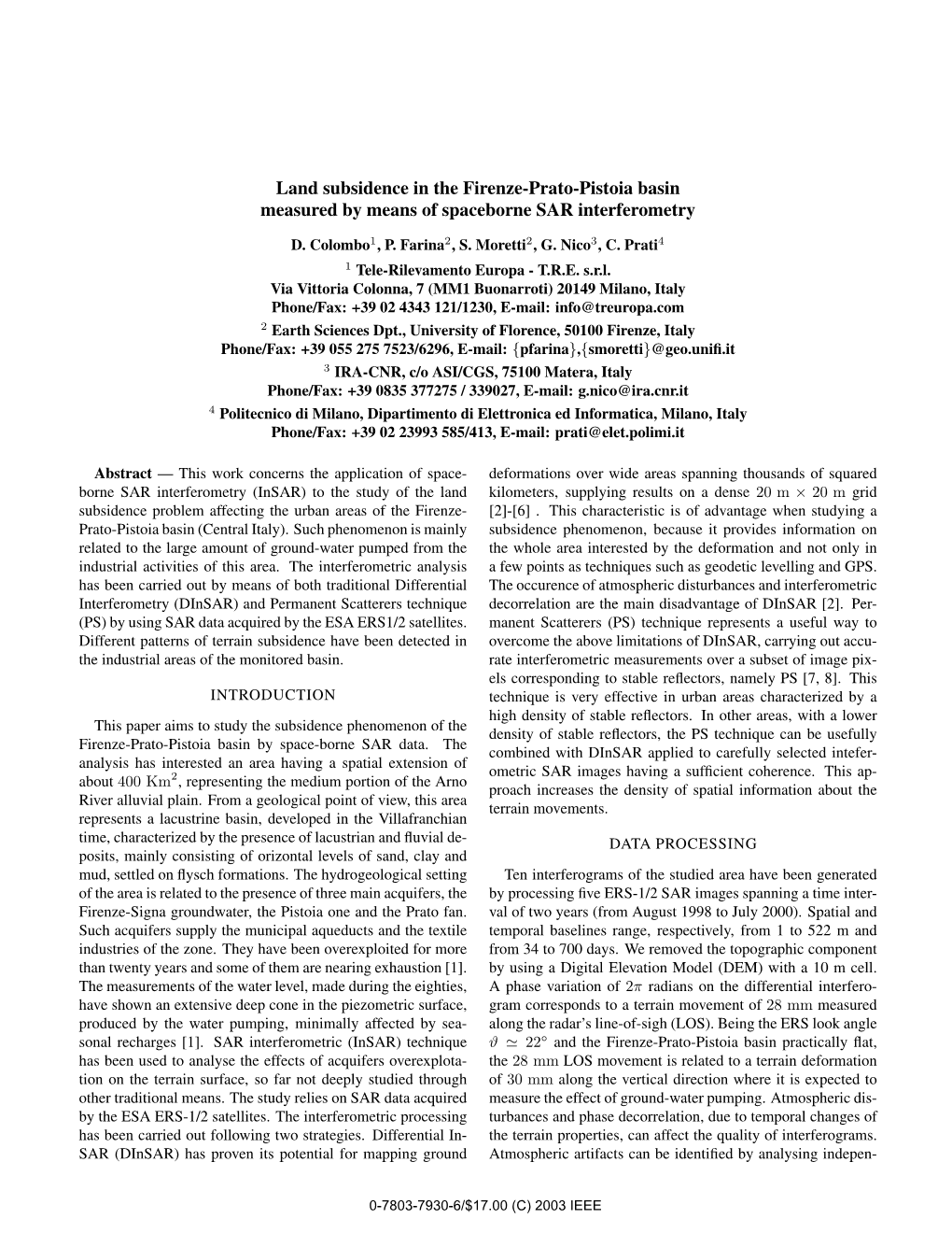 Land Subsidence in the Firenze-Prato-Pistoia Basin Measured by Means of Spaceborne SAR Interferometry