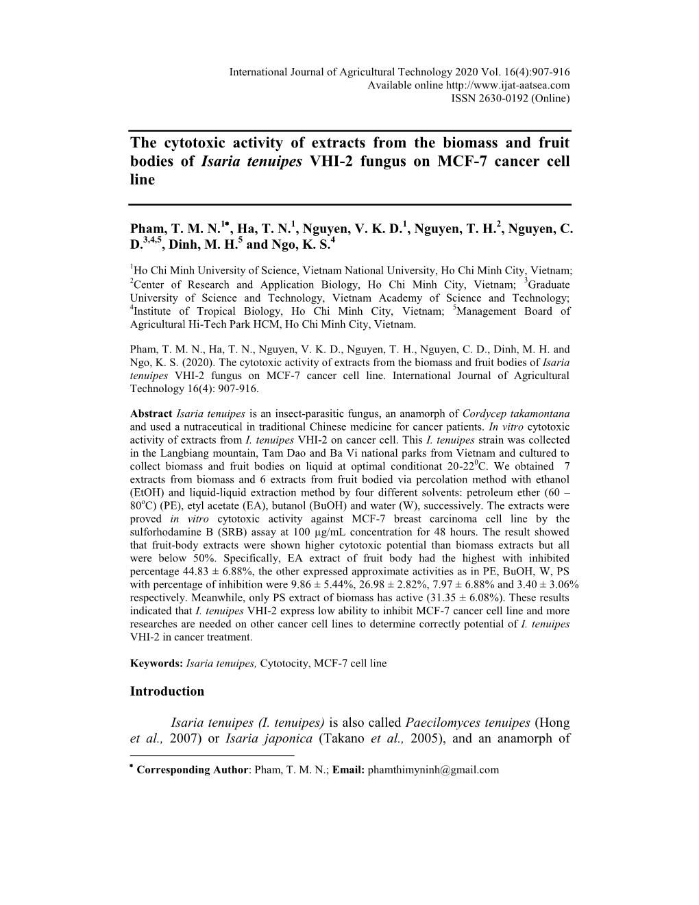 The Cytotoxic Activity of Extracts from the Biomass and Fruit Bodies of Isaria Tenuipes VHI-2 Fungus on MCF-7 Cancer Cell Line