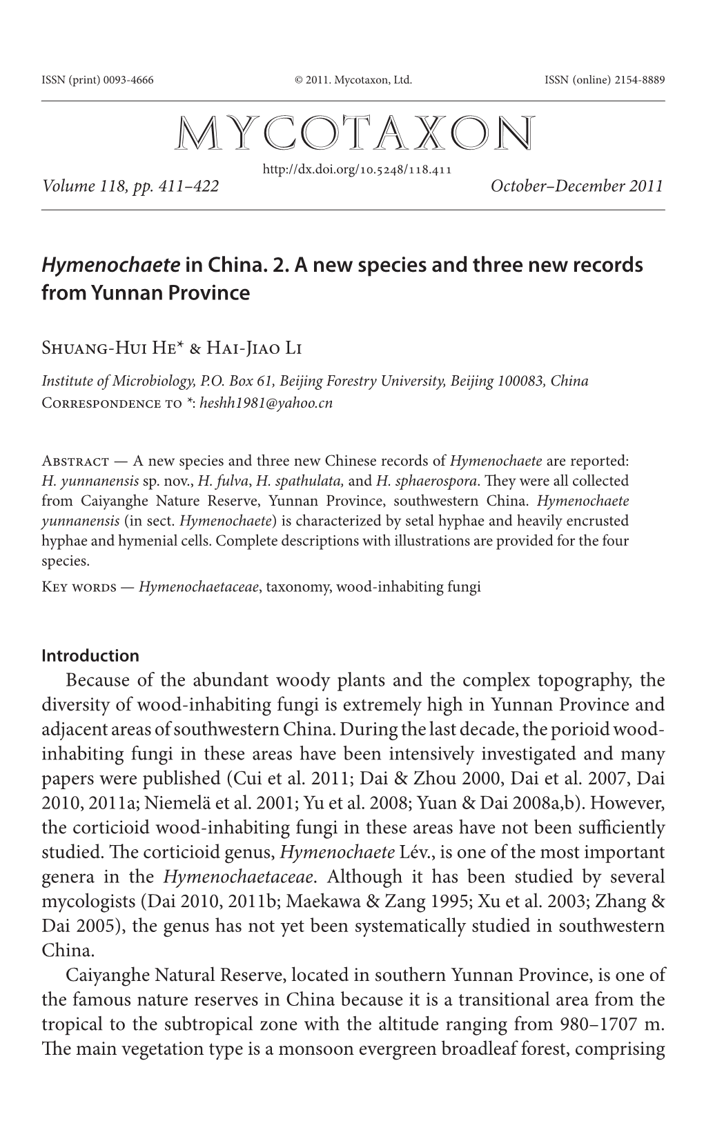 <I>Hymenochaete</I> in China. 2. a New Species and Three New Records