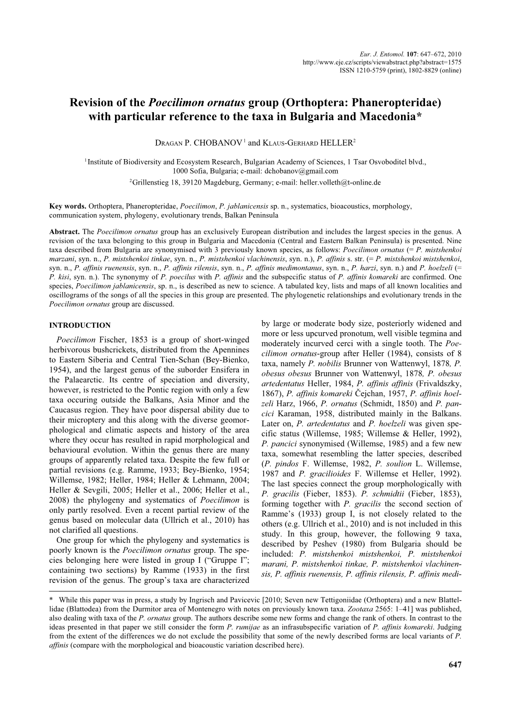 Revision of the Poecilimon Ornatus Group (Orthoptera: Phaneropteridae) with Particular Reference to the Taxa in Bulgaria and Macedonia*