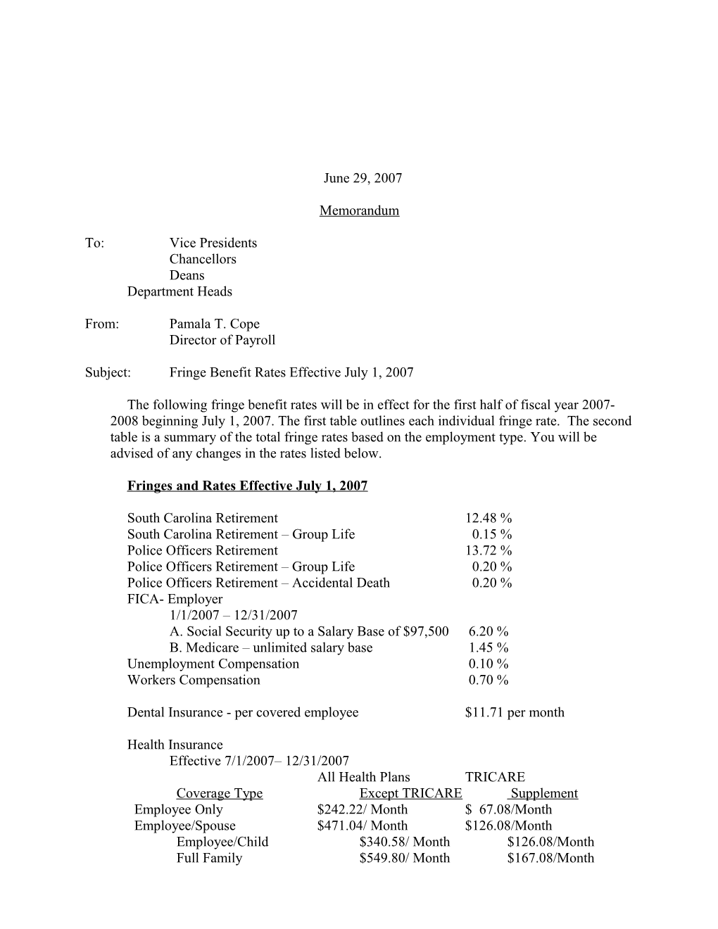 Fringe Rates Effective July 1, 2000