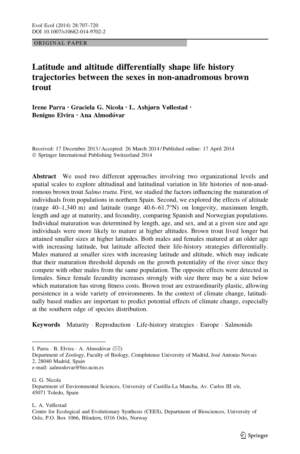 Latitude and Altitude Differentially Shape Life History Trajectories Between the Sexes in Non-Anadromous Brown Trout