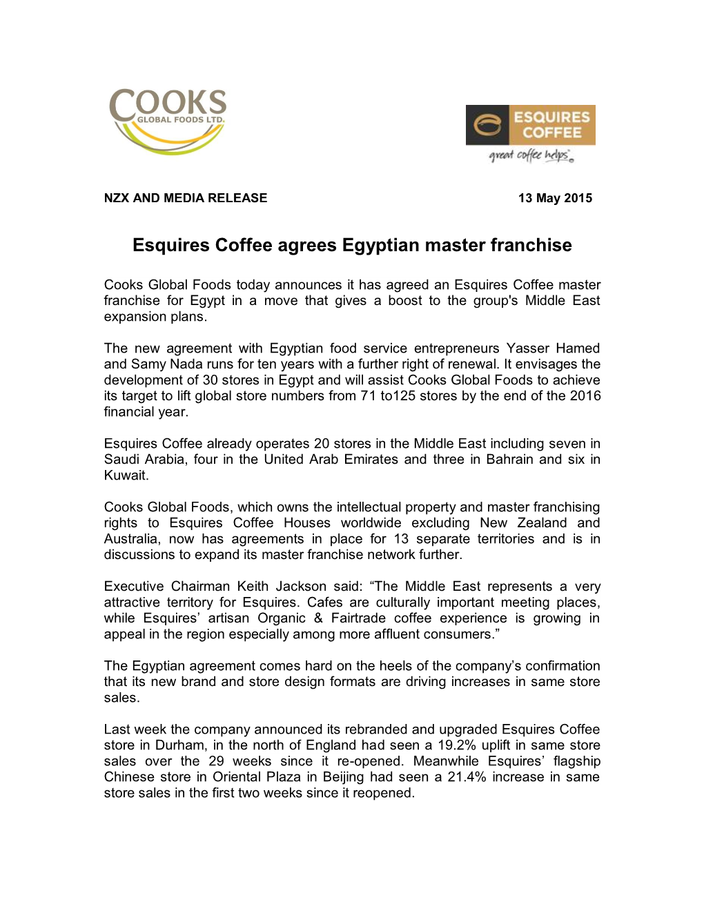 Esquires Coffee Agrees Egyptian Master Franchise