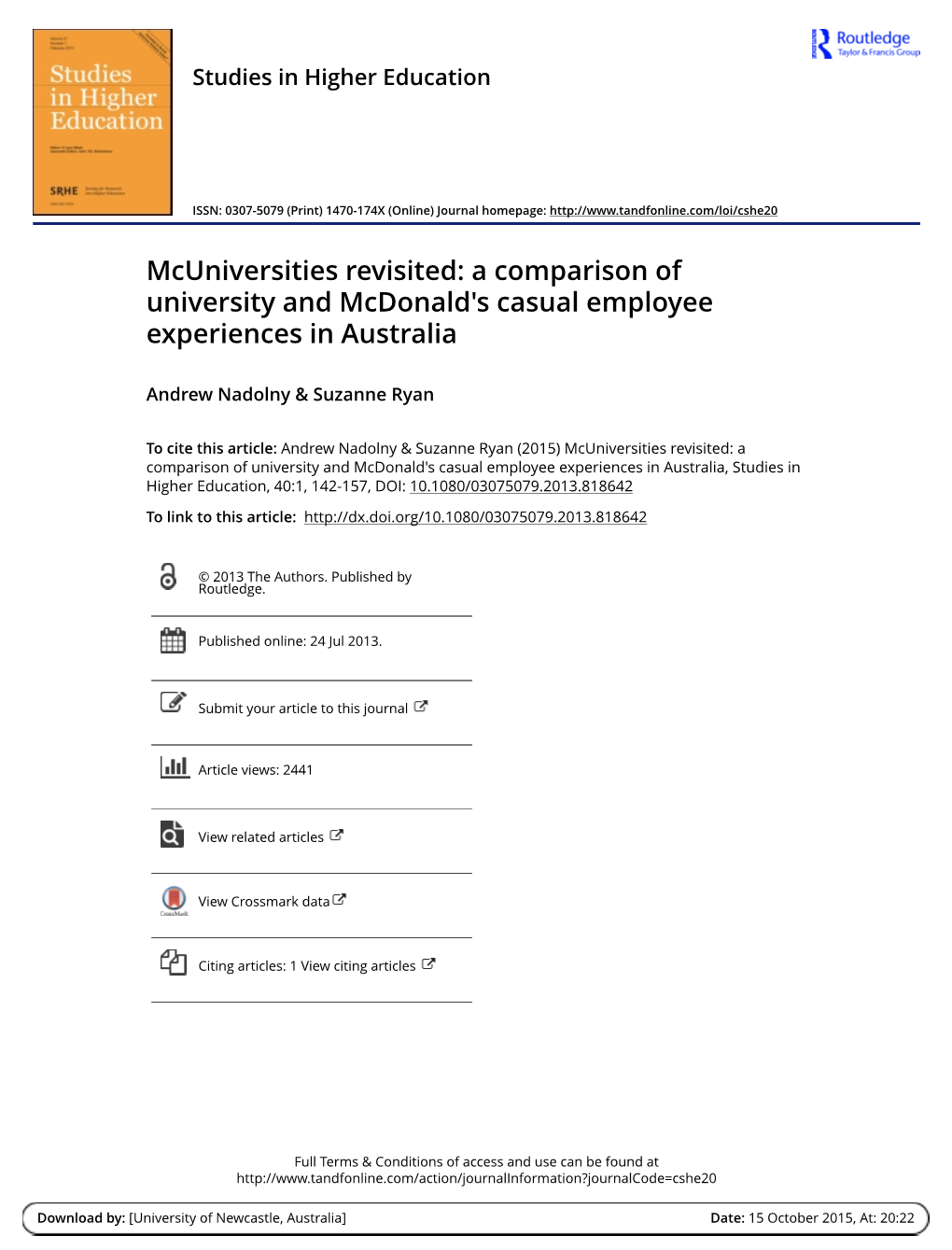 Mcuniversities Revisited: a Comparison of University and Mcdonald's Casual Employee Experiences in Australia