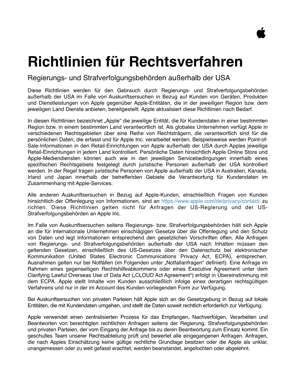 Richtlinien Für Rechtsverfahren Regierungs- Und Strafverfolgungsbehörden Außerhalb Der USA