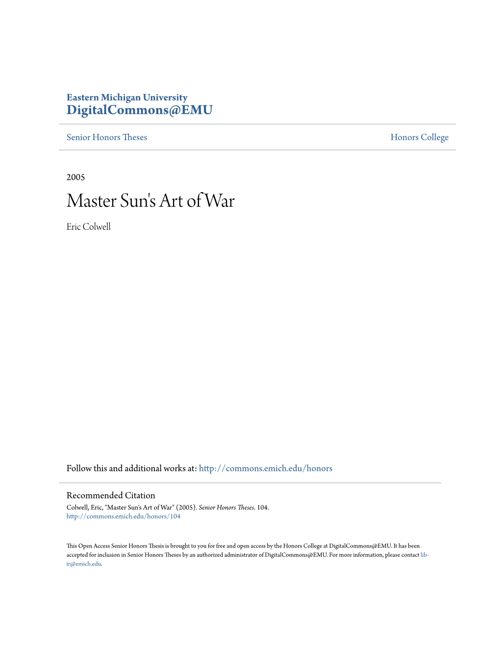 Master Sun's Art of War Eric Colwell