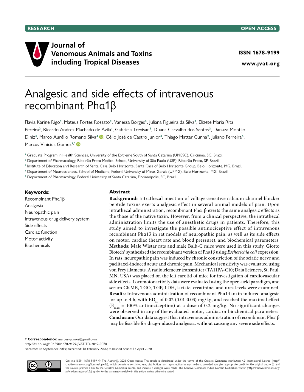 Analgesic and Side Effects of Intravenous Recombinant Phα1β