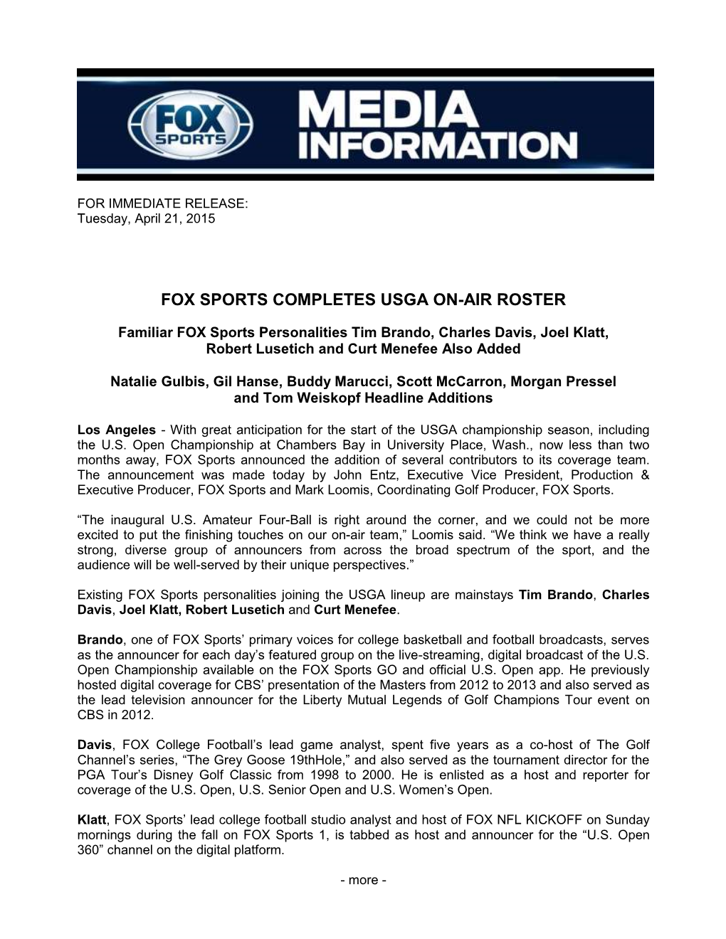 Fox Sports Completes Usga On-Air Roster