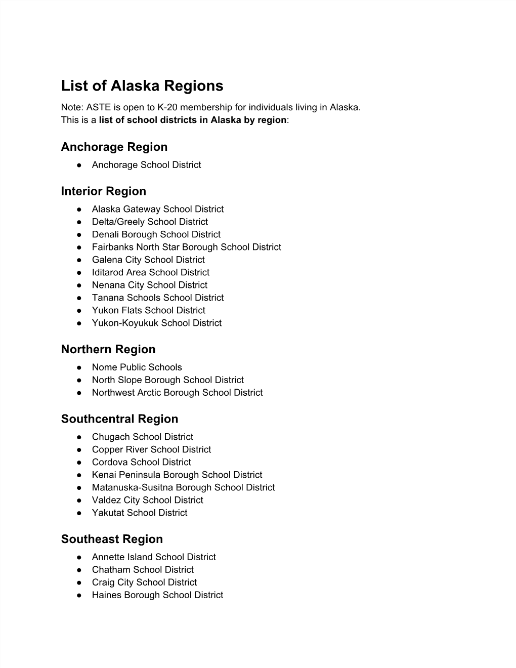 List of Alaska Regions Note: ASTE Is Open to K­20 Membership for Individuals Living in Alaska