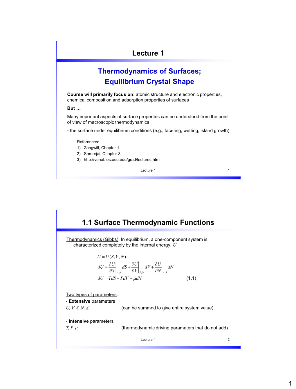 Equilibrium Crystal Shape 1.1 Surface Thermodynamic Functions