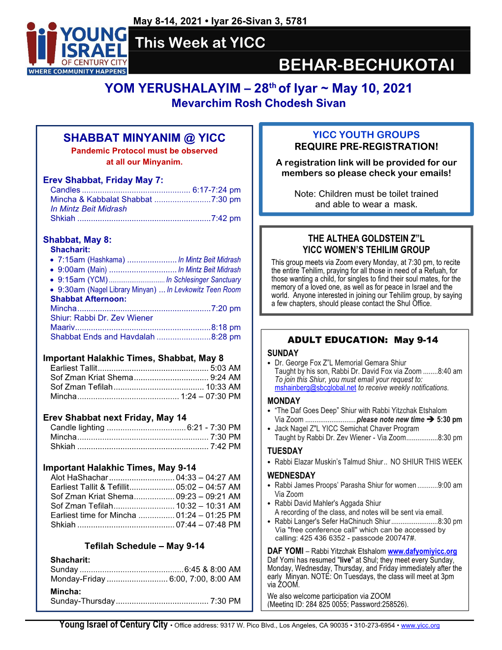 T This Week at YICC BEHAR-BECHUKOTAI YOM YERUSHALAYIM