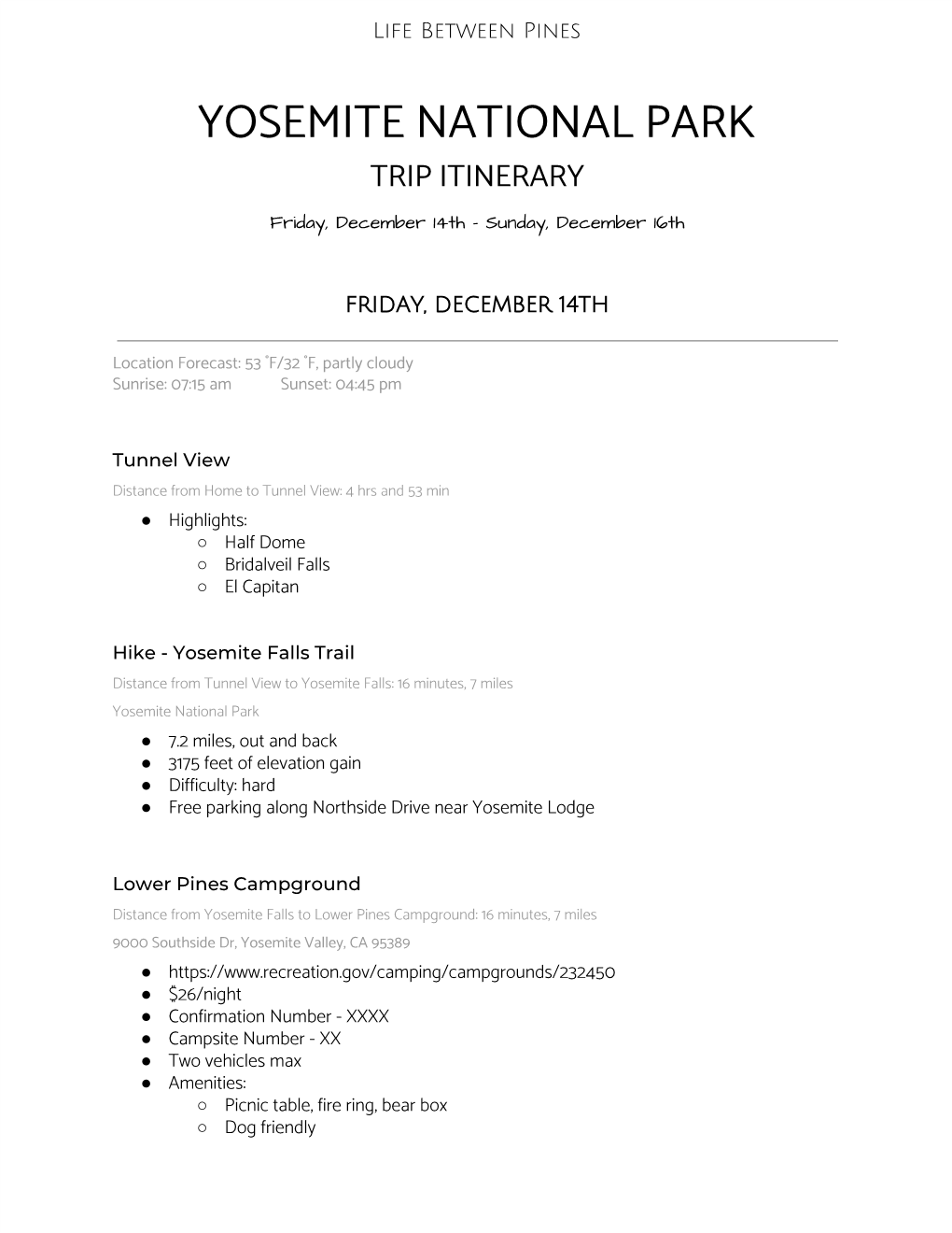 Yosemite Itinerary