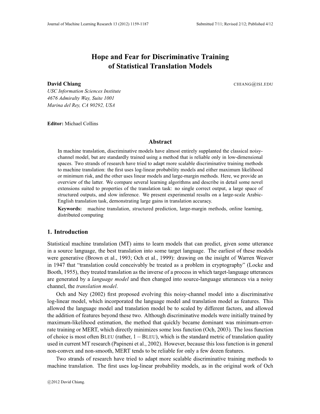 Hope and Fear for Discriminative Training of Statistical Translation Models