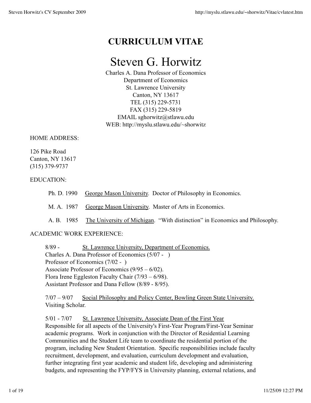 Steven Horwitz's CV September 2009