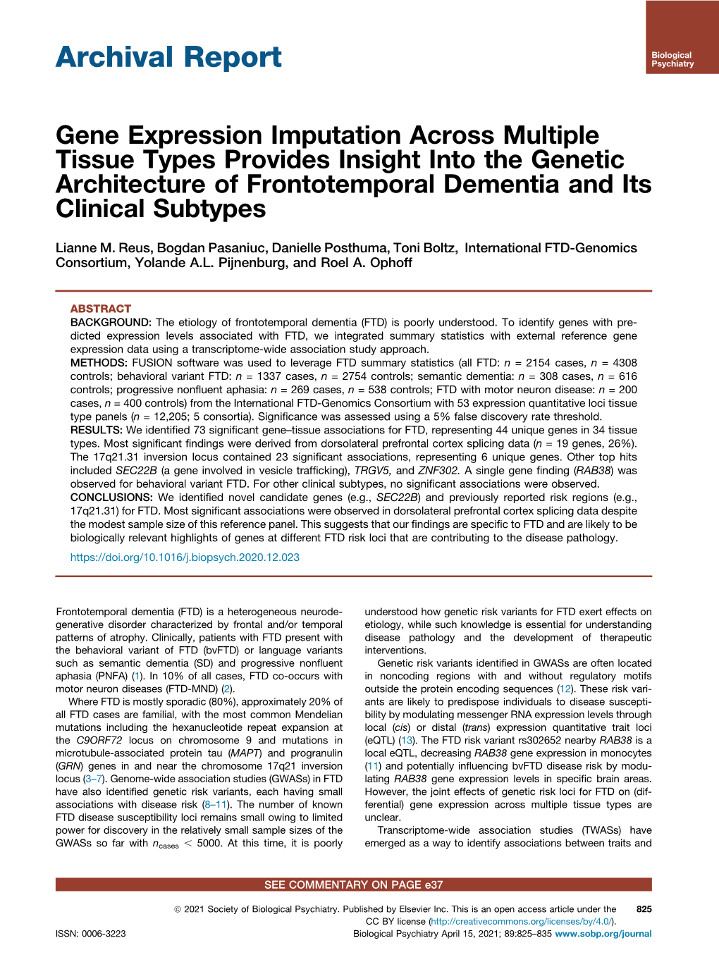 Gene Expression Imputation Across Multiple Tissue Types Provides Insight Into the Genetic Architecture of Frontotemporal Dementia and Its Clinical Subtypes