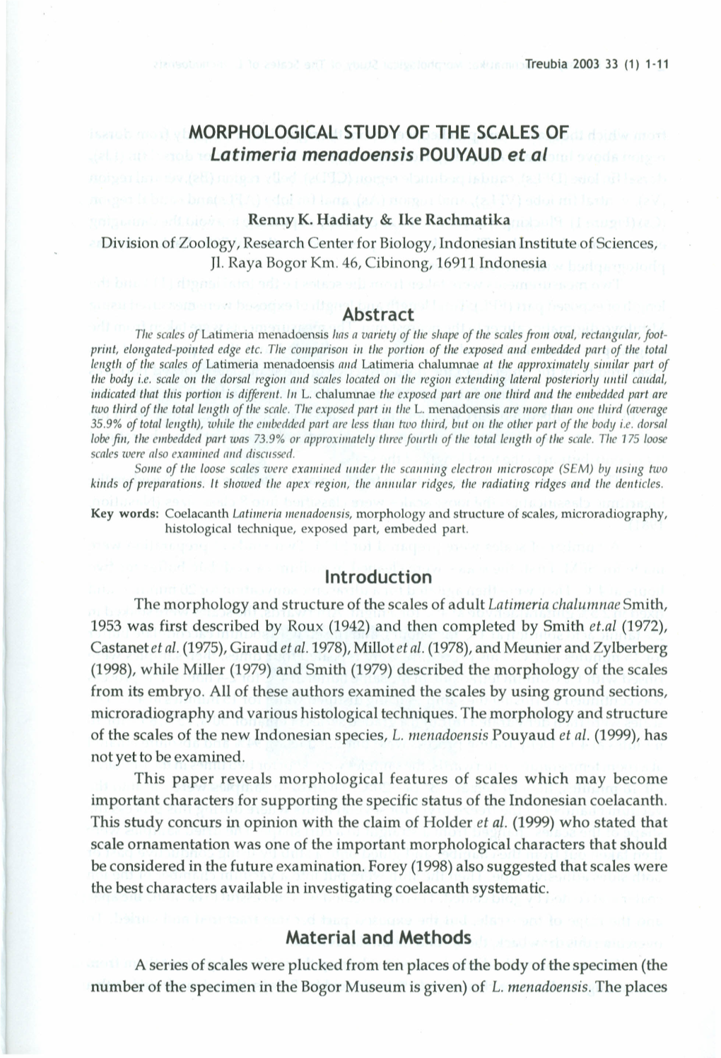 MORPHOLOGICAL STUDY of the SCALES of Latimeria Menadoensis POUYAUD Et Al