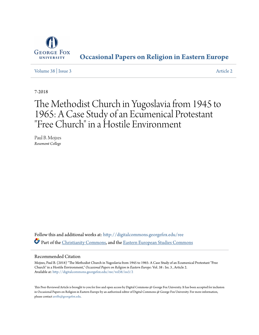 The Methodist Church in Yugoslavia from 1945 to 1965: a Case