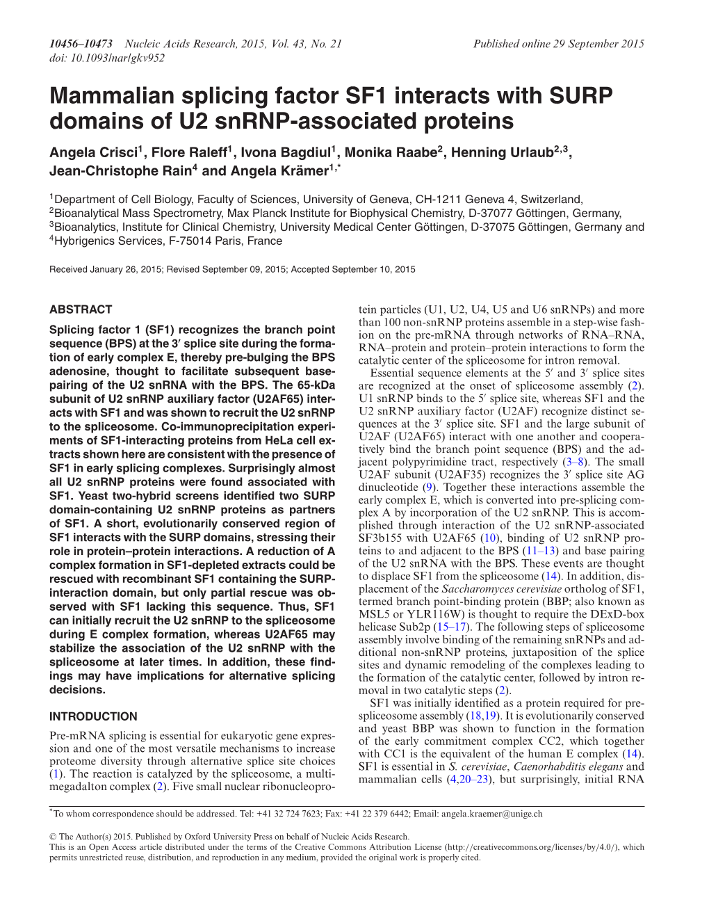 Mammalian Splicing Factor SF1 Interacts with SURP Domains of U2 Snrnp-Associated Proteins