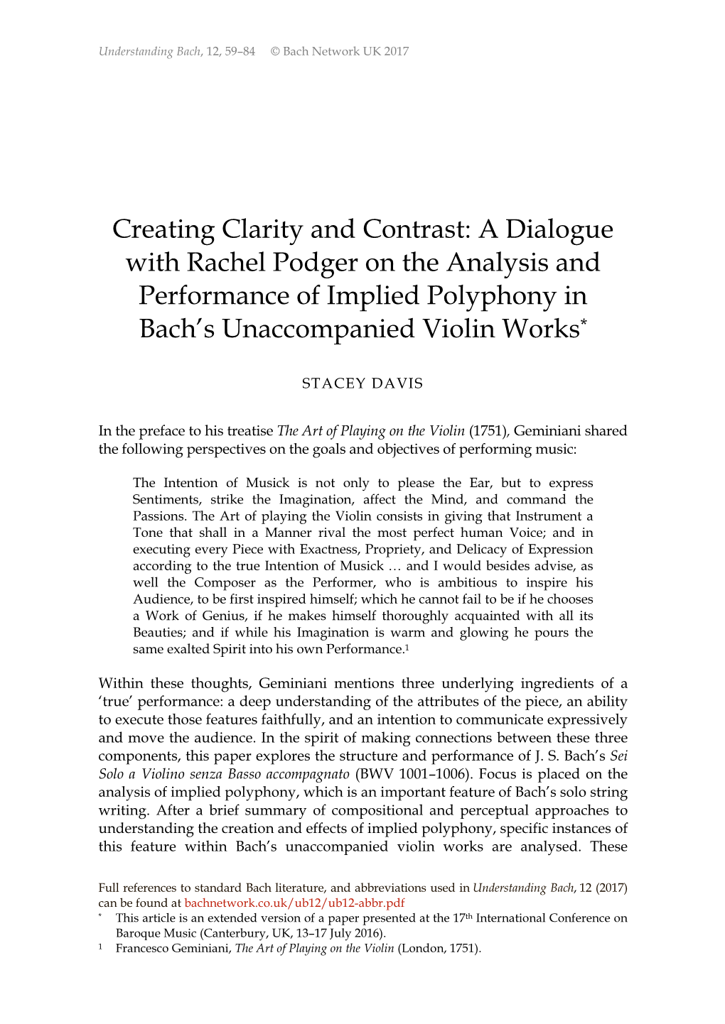 Creating Clarity and Contrast: a Dialogue with Rachel Podger on the Analysis and Performance of Implied Polyphony in Bach's Unaccompanied Violin Works