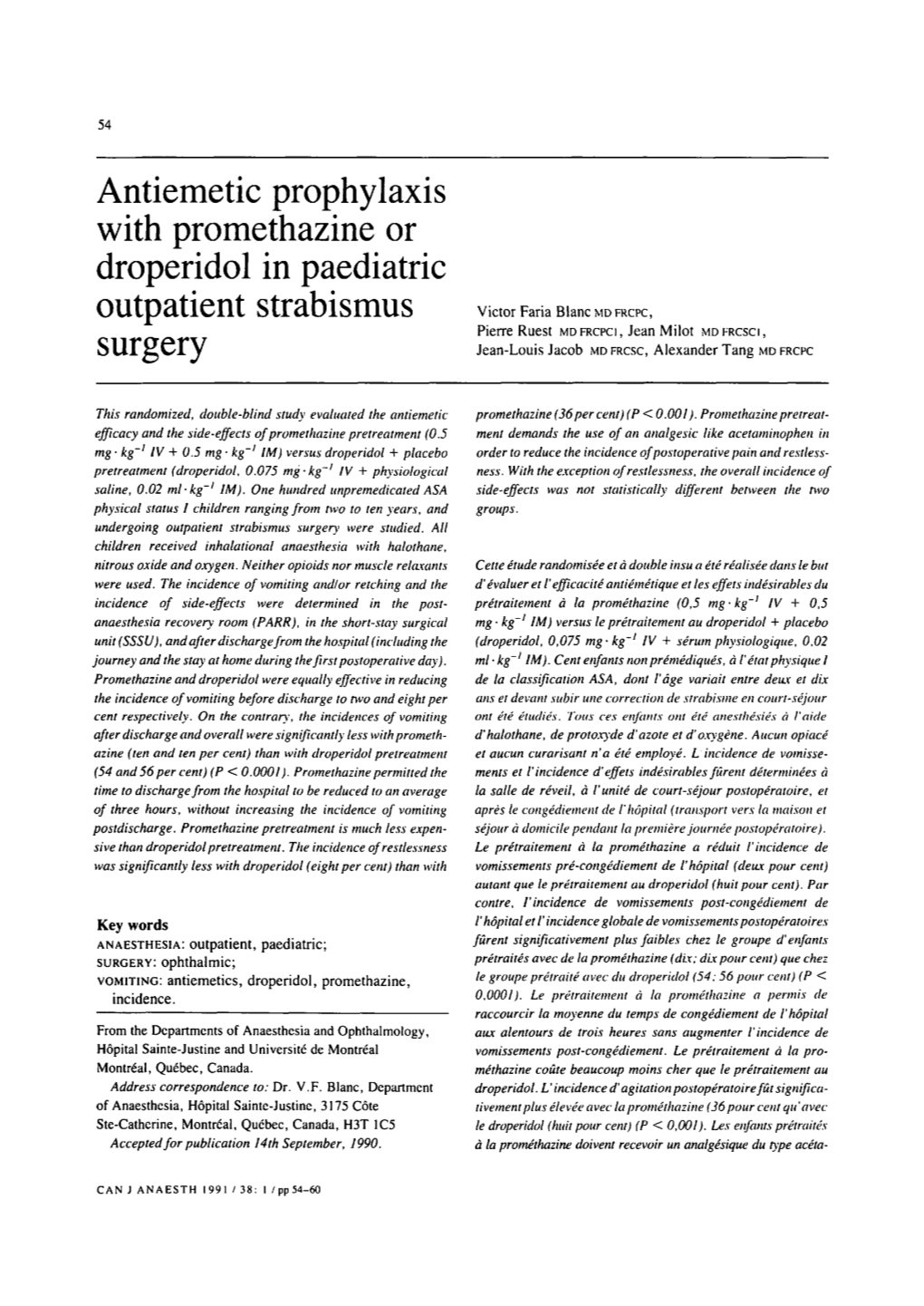 Antiemetic Prophylaxis with Promethazine Or Droperidol in Paediatric Outpatient Strabismus Surgery