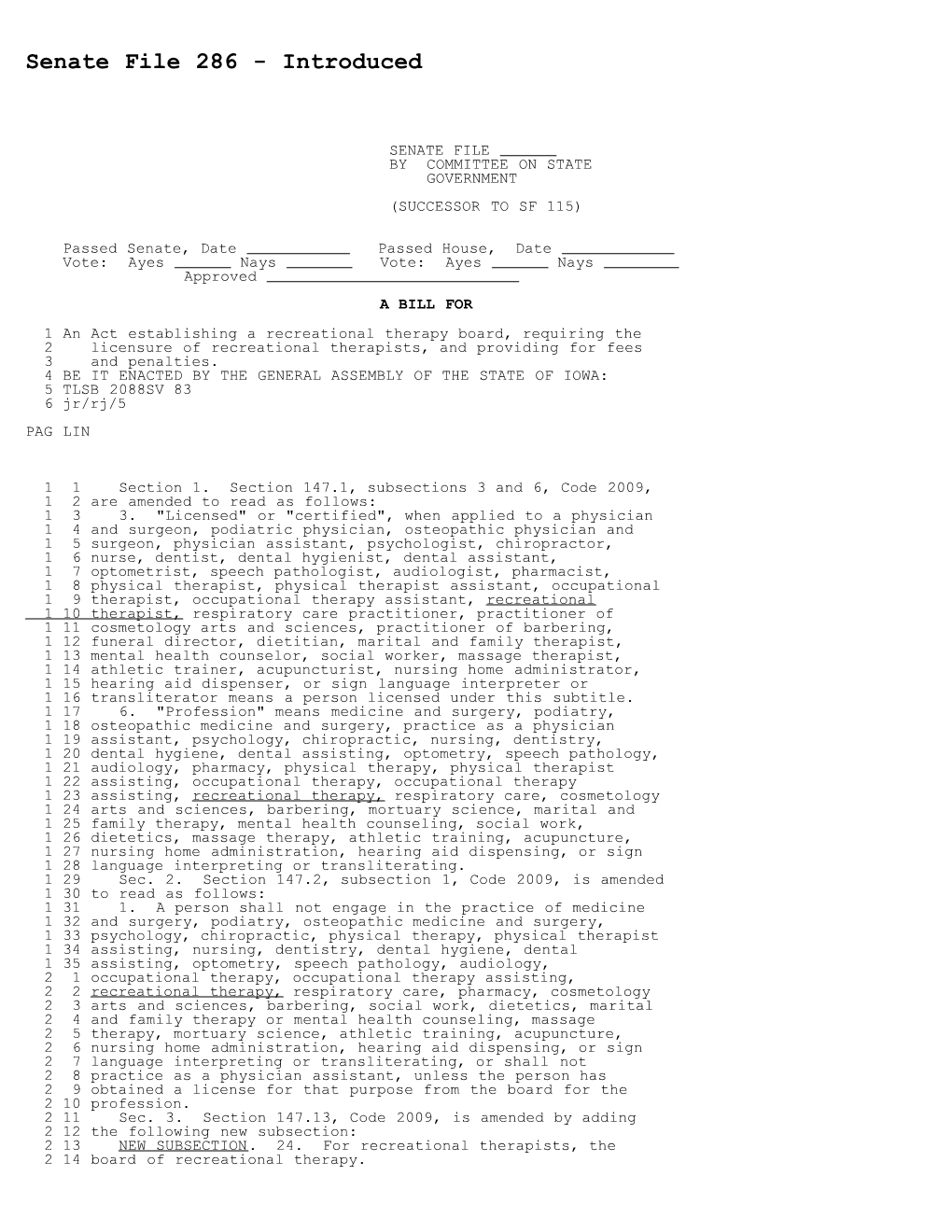 Senate File 286 - Introduced