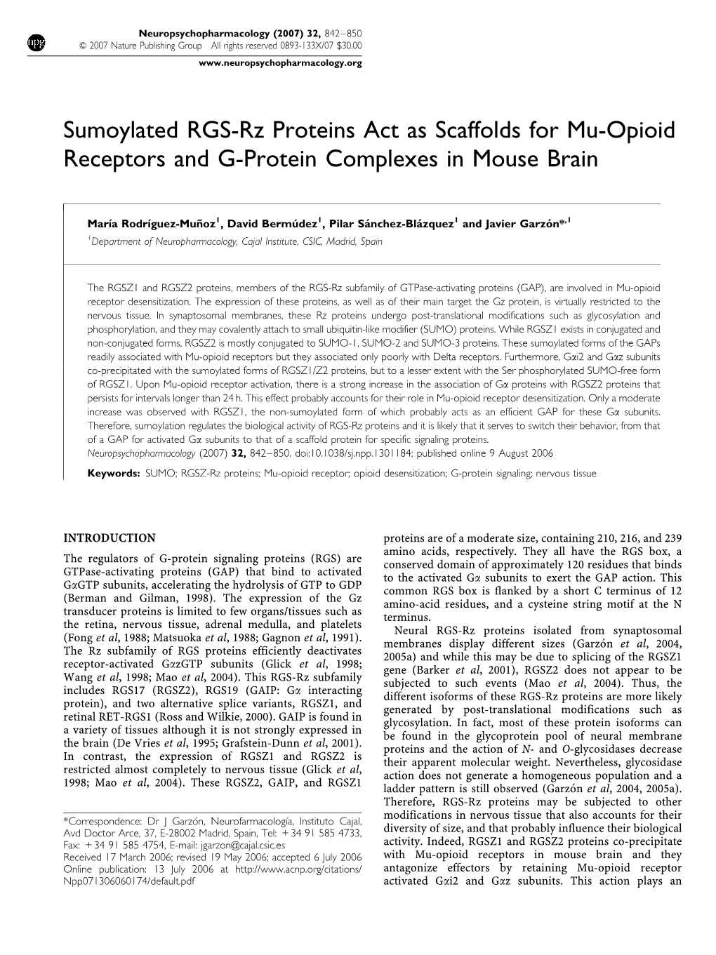 Sumoylated RGS-Rz Proteins Act As Scaffolds for Mu-Opioid Receptors and G-Protein Complexes in Mouse Brain