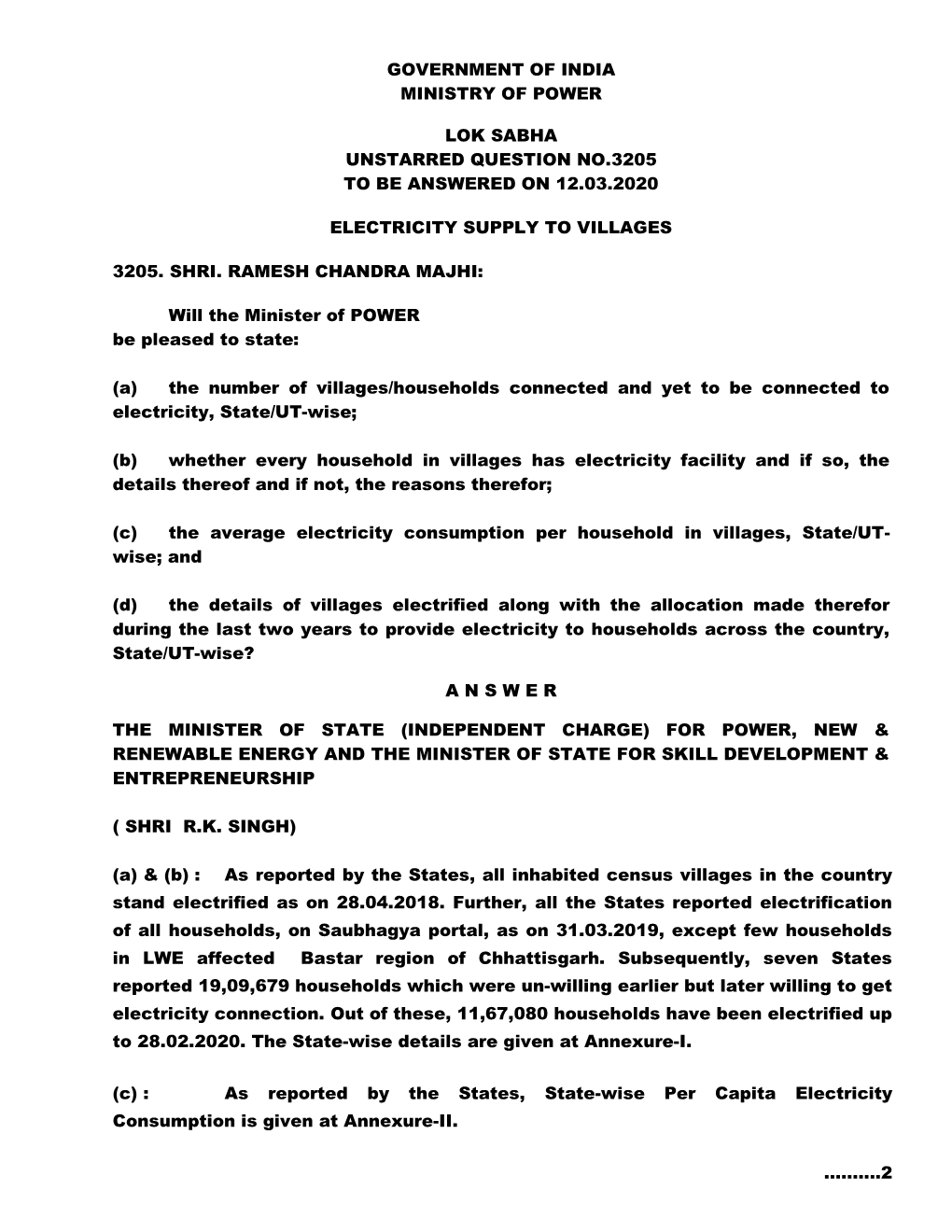 Government of India Ministry of Power Lok Sabha Unstarred Question No.3205 to Be Answered on 12.03.2020 Electricity Supply to V