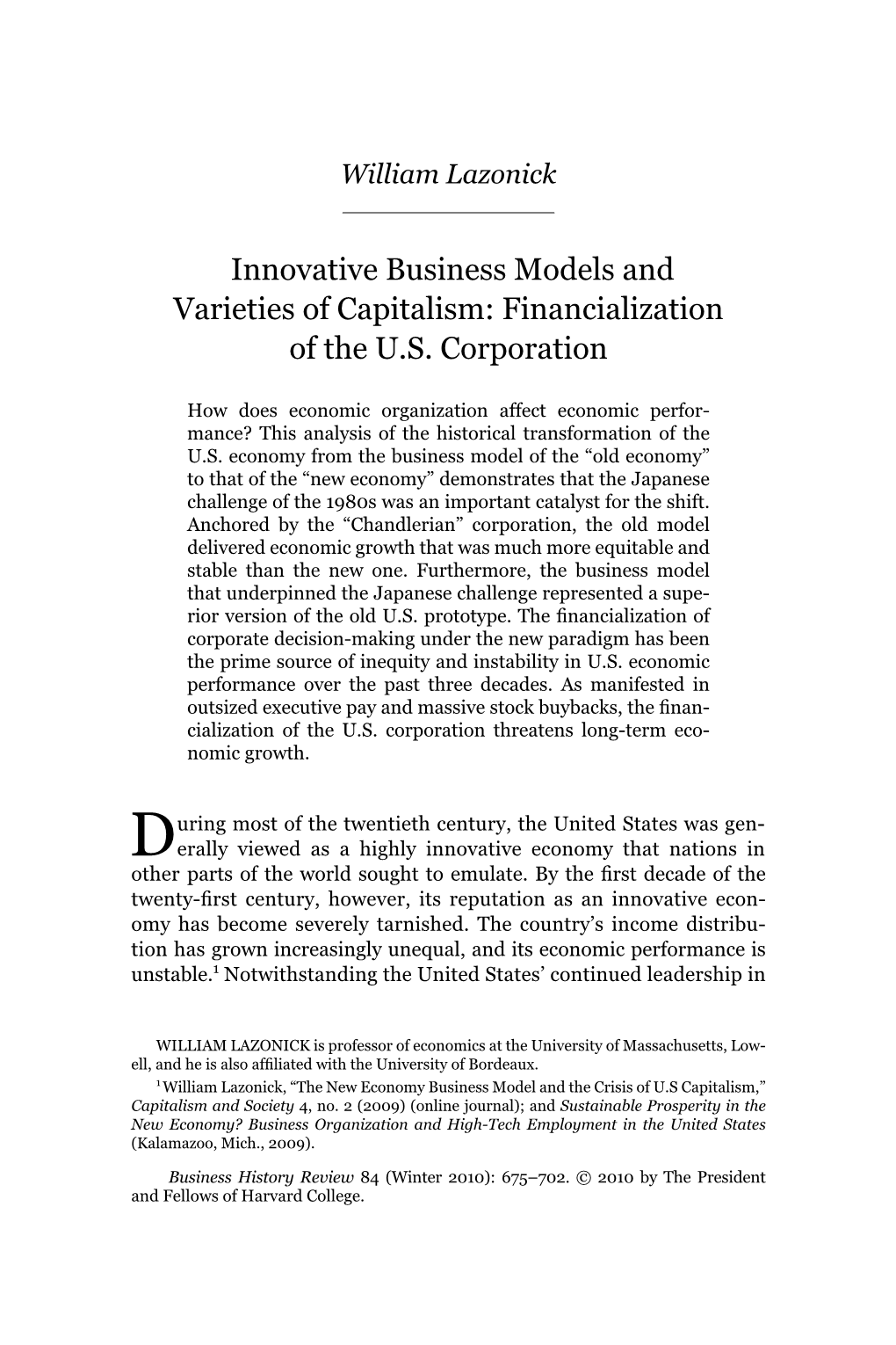 Innovative Business Models and Varieties of Capitalism: Financialization of the U.S