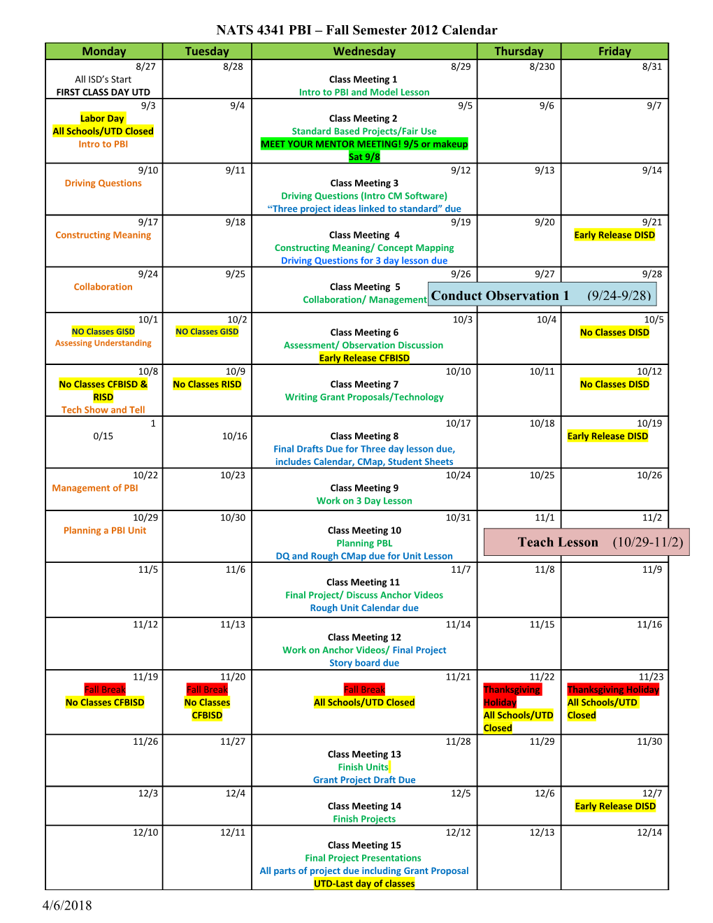 NATS 4341 PBI Fall Semester 2012 Calendar