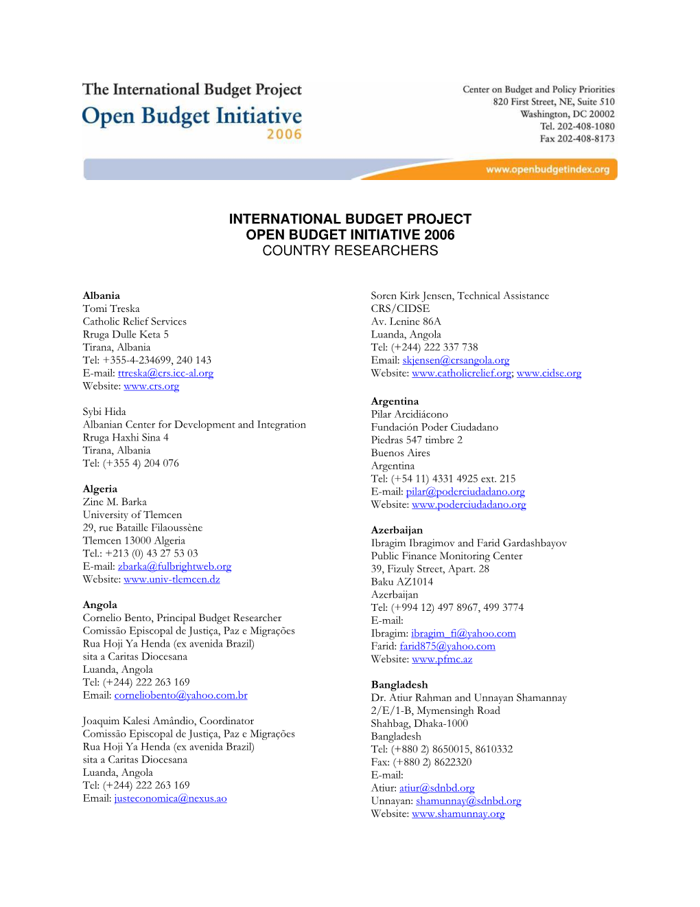 Open Budget Survey 2006 Researcher Contact List