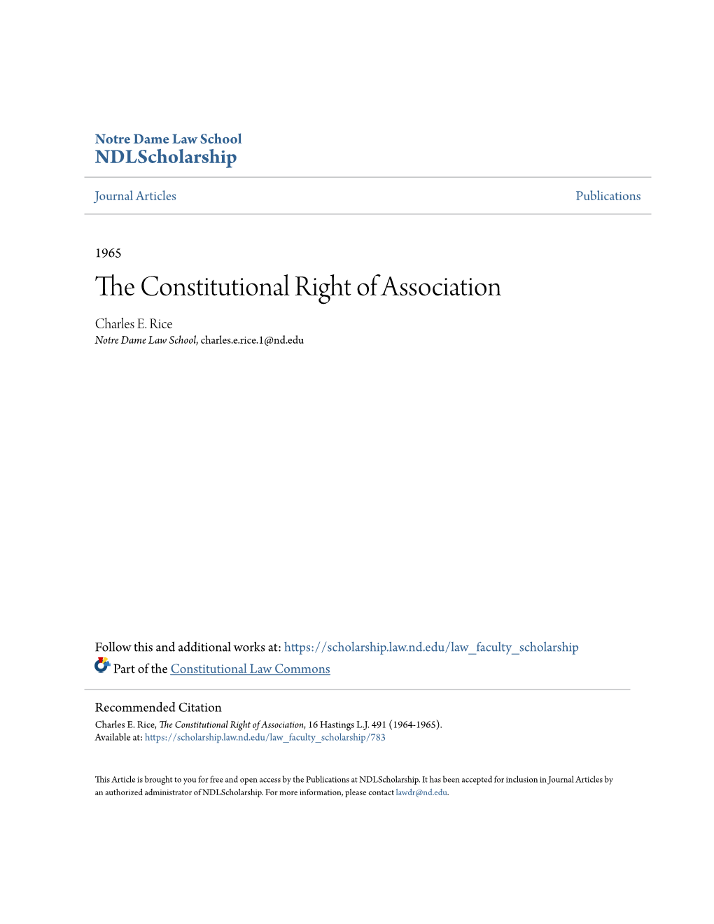 The Constitutional Right of Association, 16 Hastings L.J