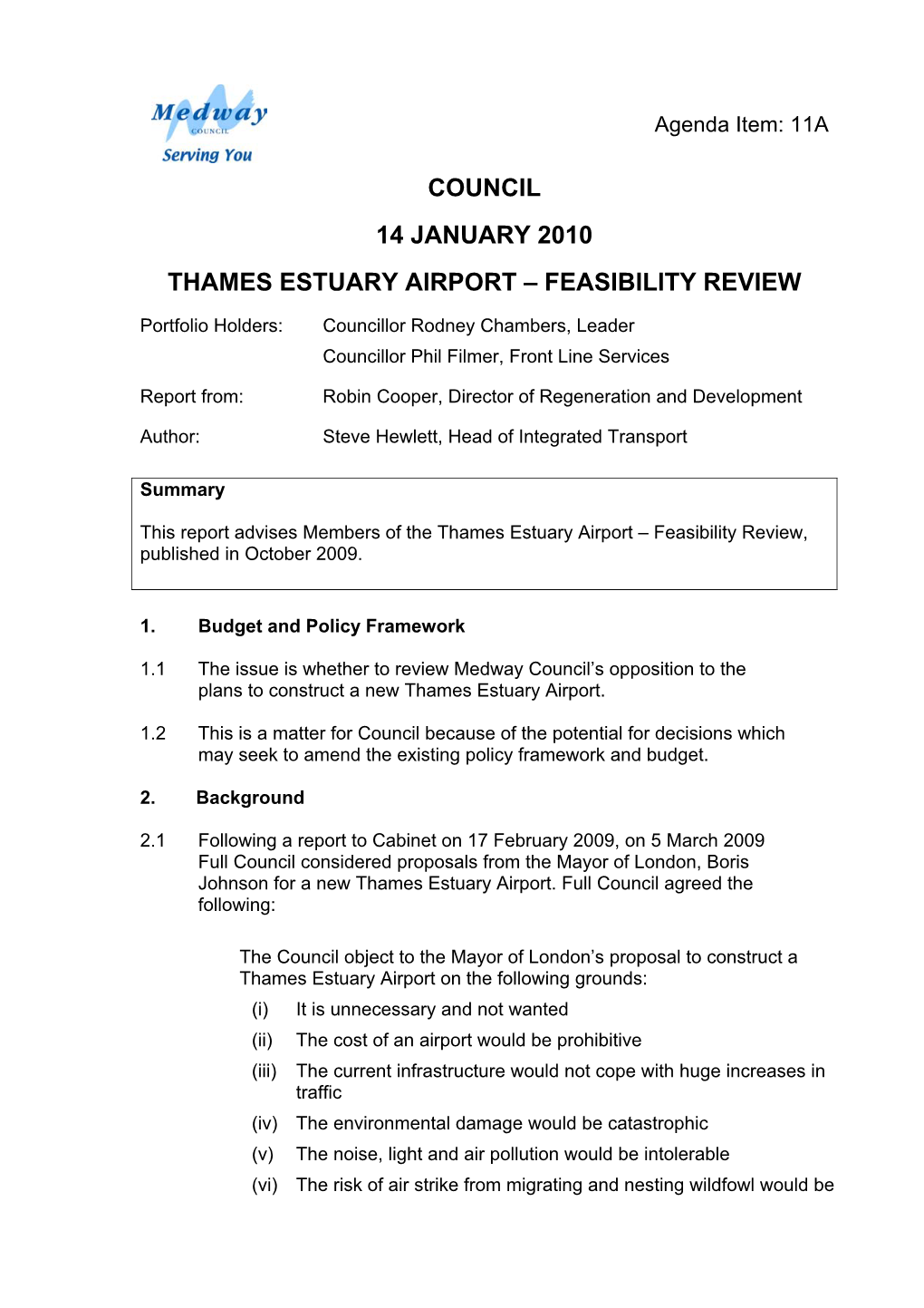 Council 14 January 2010 Thames Estuary Airport – Feasibility Review
