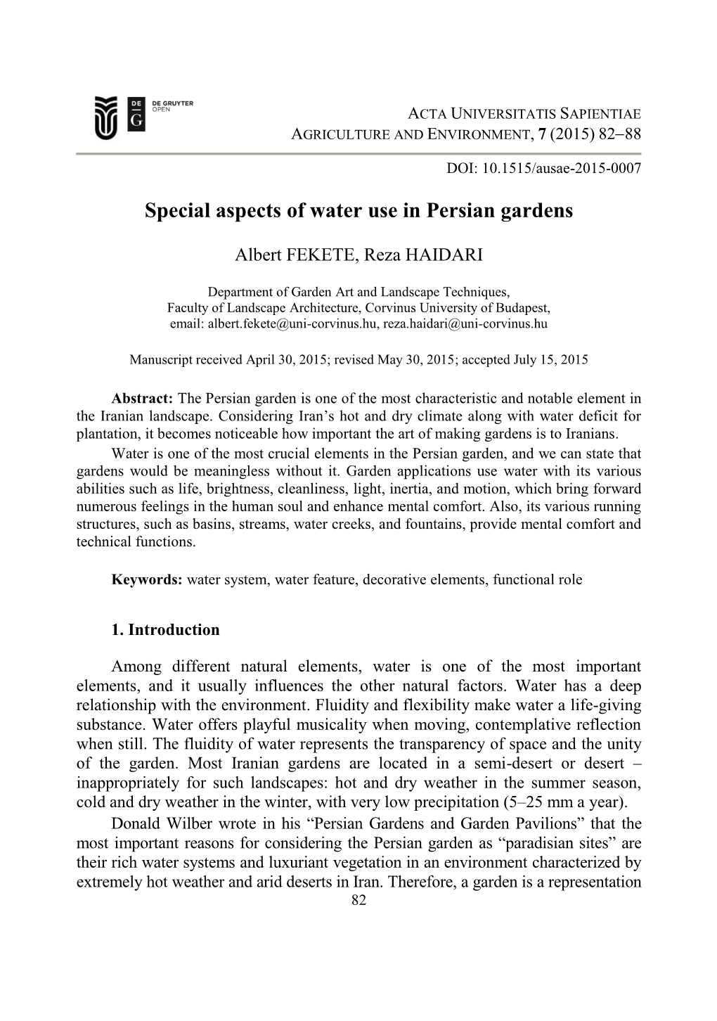 Special Aspects of Water Use in Persian Gardens