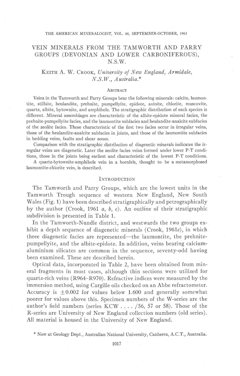 Vein Minerals from the Tamworth and Parry Groups(Devonian and Lower Carboniferous), N.S.W