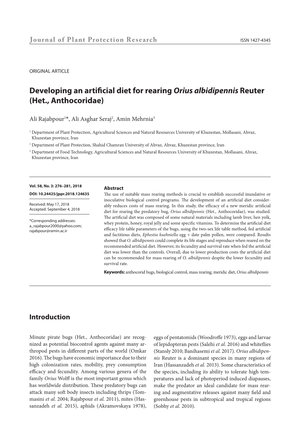 Developing an Artificial Diet for Rearing Orius Albidipennis Reuter (Het., Anthocoridae)