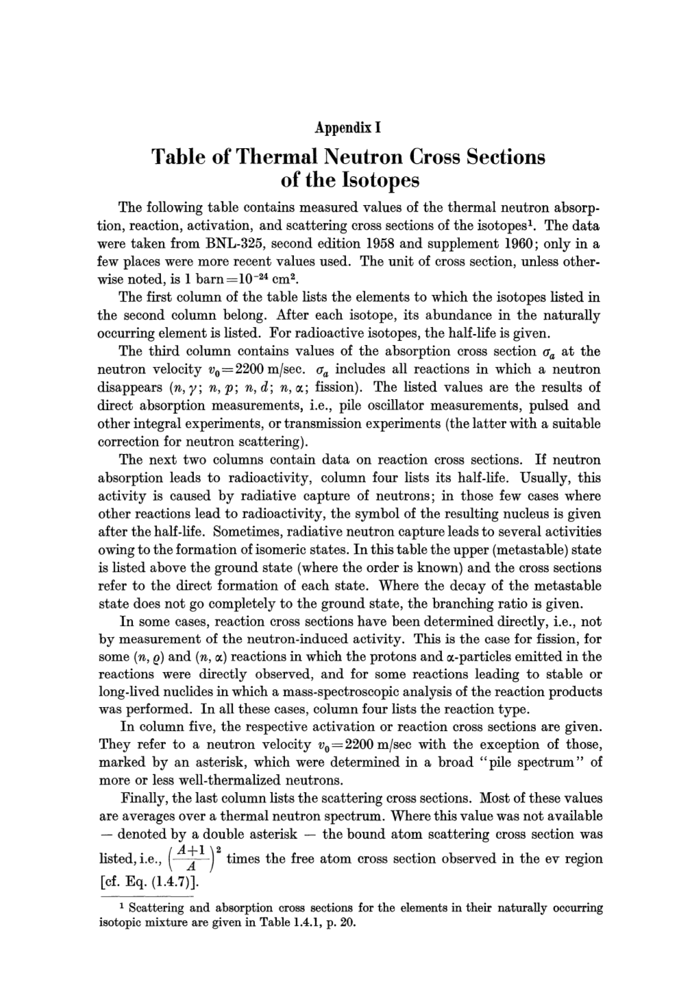 Table of Thermal Neutron Cross Sections of the Isotopes