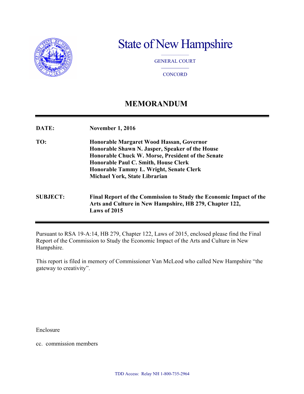 Final Report of the Commission to Study the Economic Impact of the Arts and Culture in New Hampshire, HB 279, Chapter 122, Laws of 2015