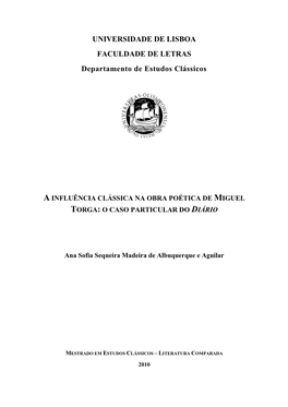 A Influência Clássica Na Obra Poética De Miguel Torga: O Caso Particular Do Diário