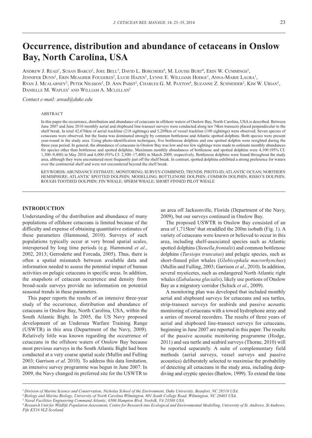 Occurrence, Distribution and Abundance of Cetaceans in Onslow Bay, North Carolina, USA