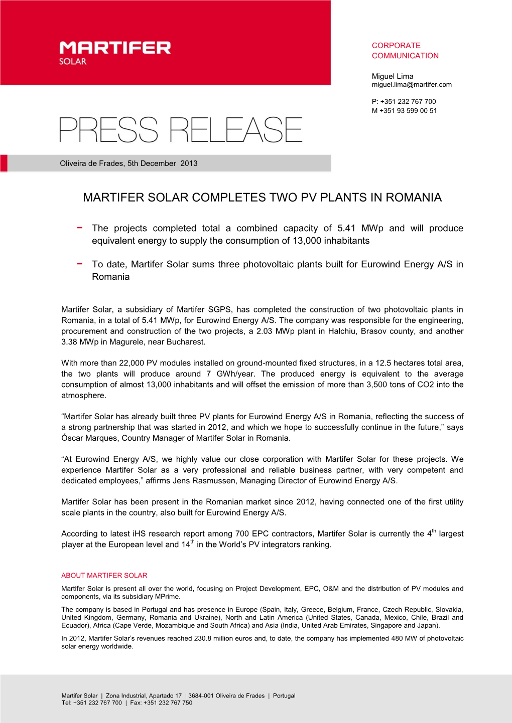 Martifer Solar Completes Two Pv Plants in Romania