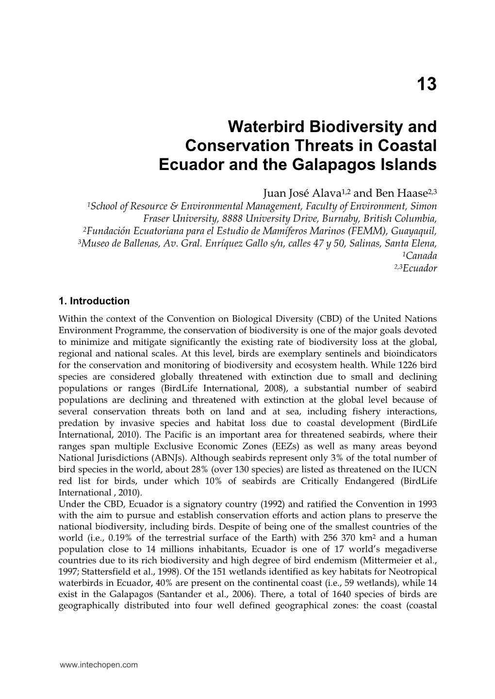 Waterbird Biodiversity and Conservation Threats in Coastal Ecuador and the Galapagos Islands