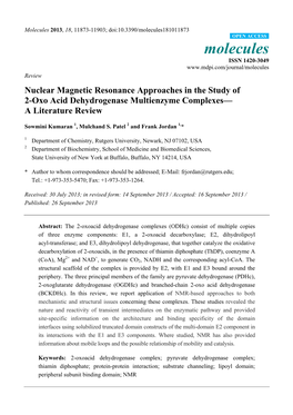 Nuclear Magnetic Resonance Approaches in the Study of 2-Oxo Acid Dehydrogenase Multienzyme Complexes— a Literature Review