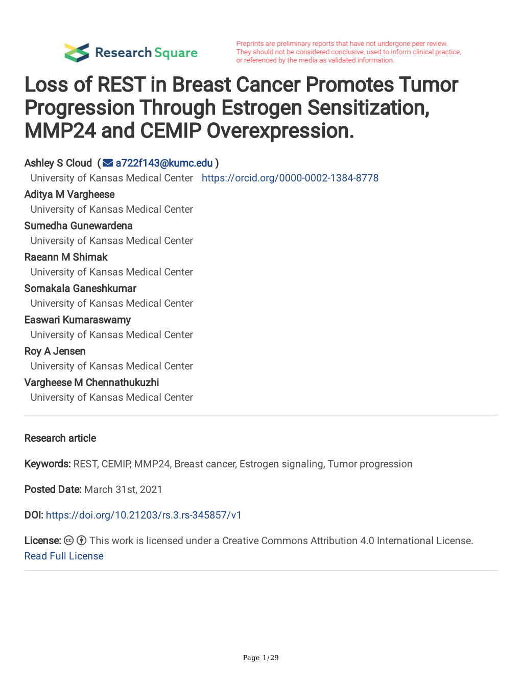 Loss of REST in Breast Cancer Promotes Tumor Progression Through Estrogen Sensitization, MMP24 and CEMIP Overexpression