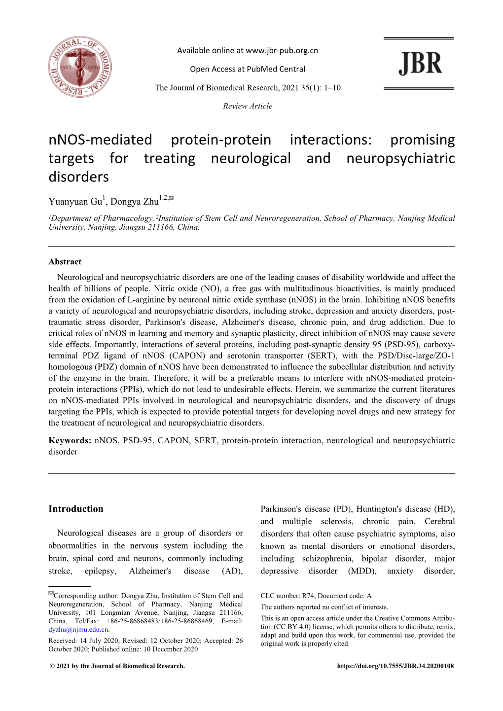 Nnos-Mediated Protein-Protein Interactions: Promising Targets for Treating Neurological and Neuropsychiatric Disorders