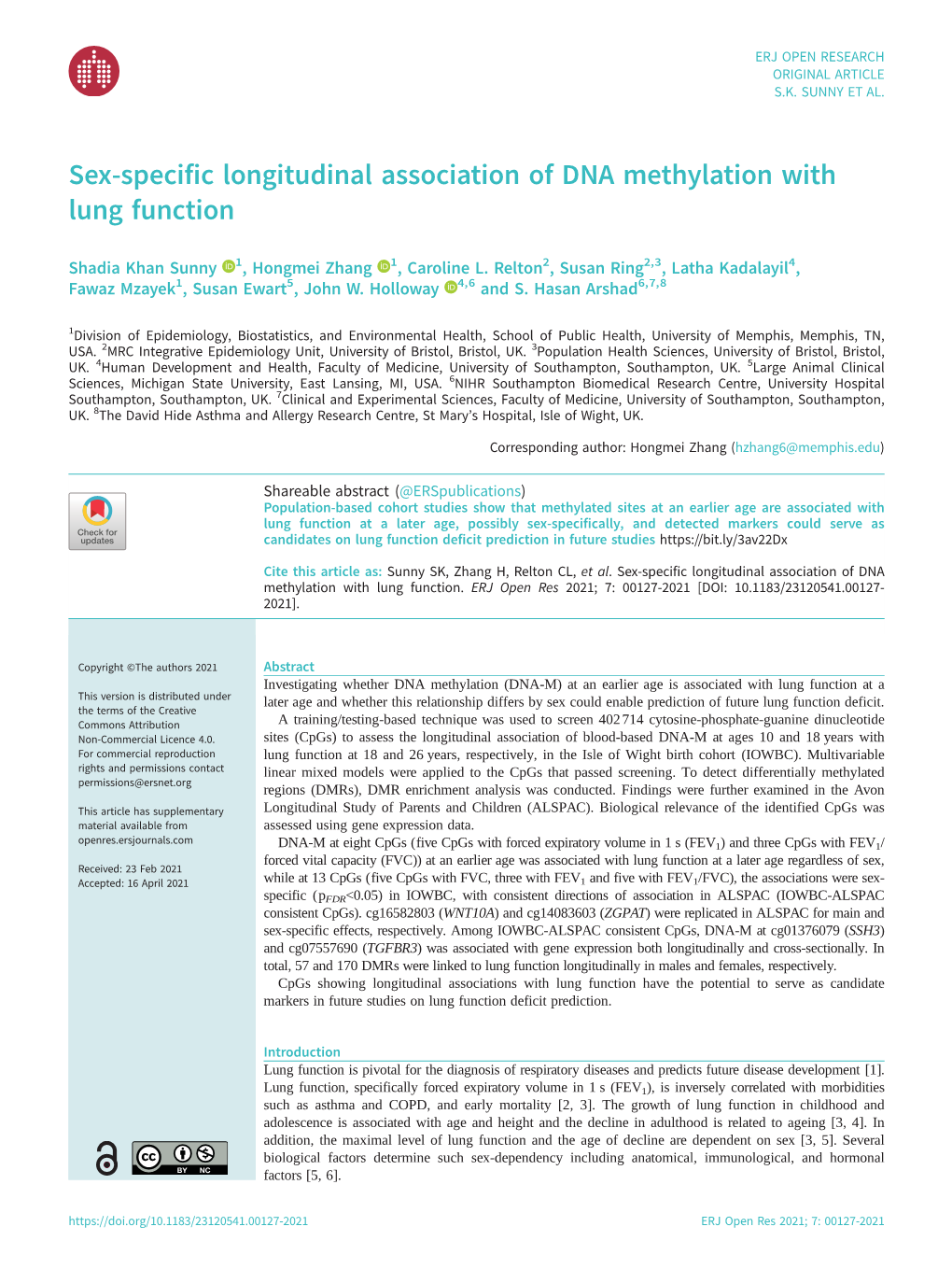 Sex-Specific Longitudinal Association of DNA Methylation with Lung Function