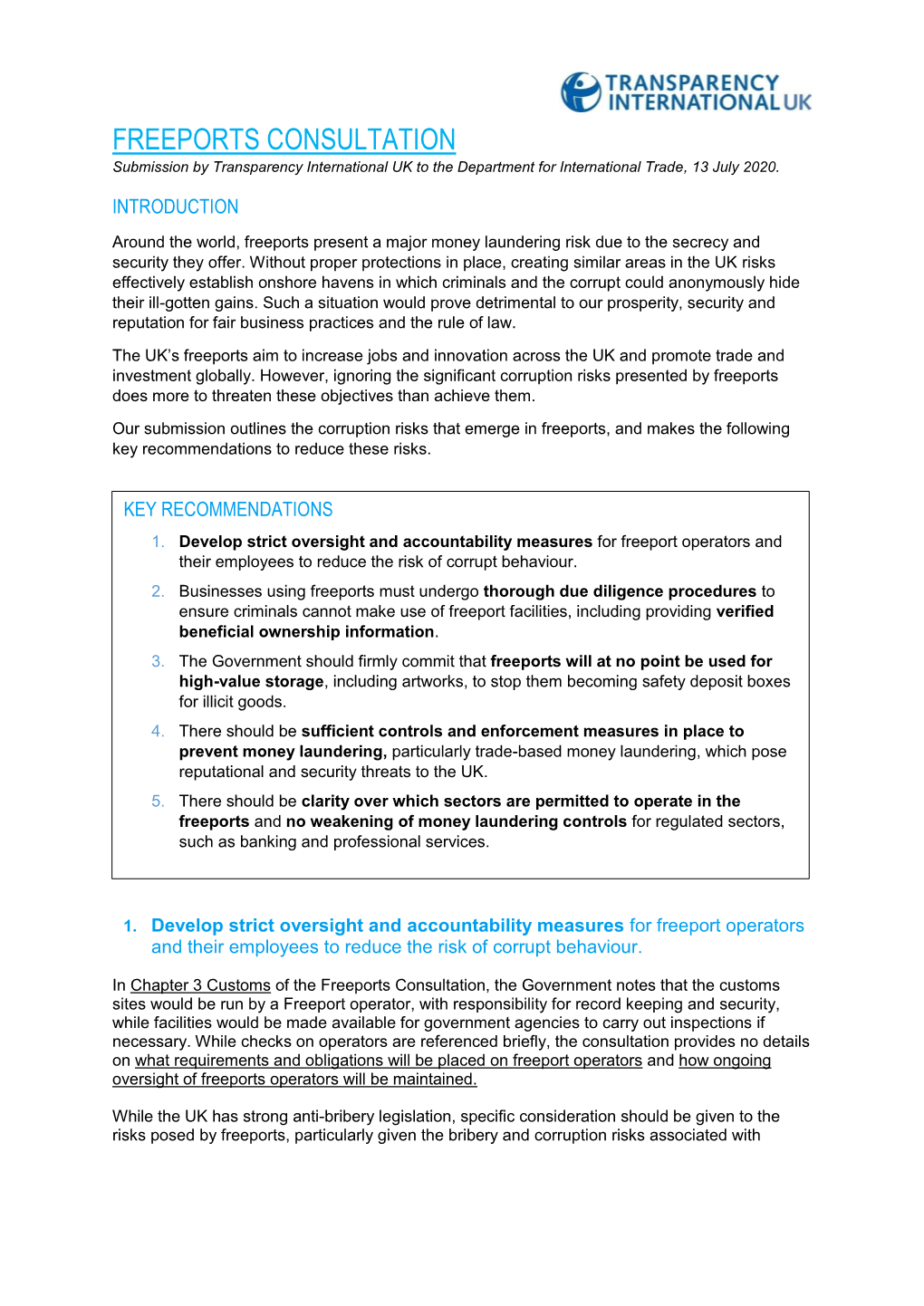 FREEPORTS CONSULTATION Submission by Transparency International UK to the Department for International Trade, 13 July 2020