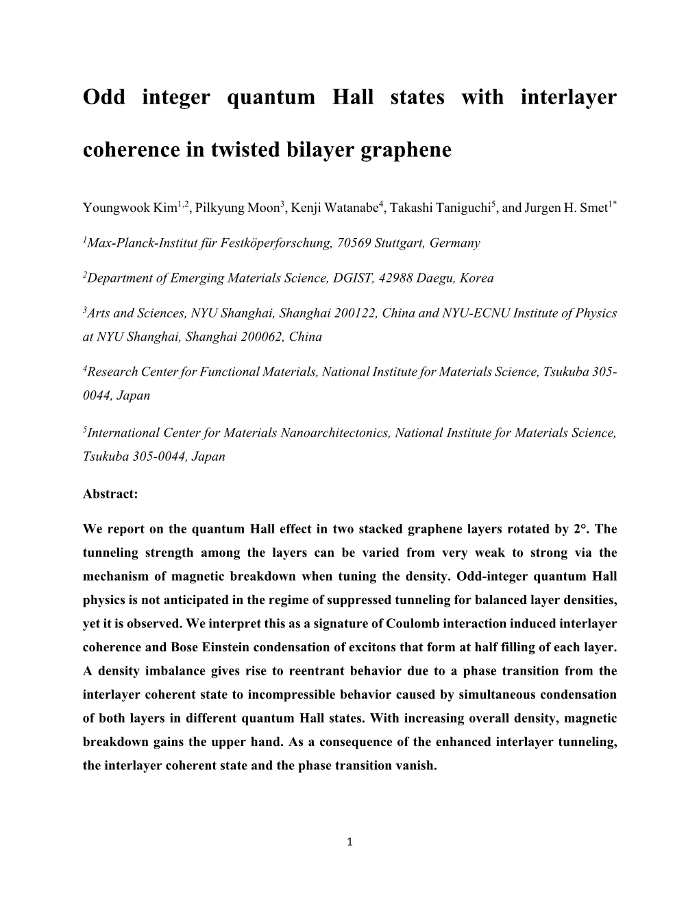 Odd Integer Quantum Hall States with Interlayer Coherence in Twisted Bilayer Graphene