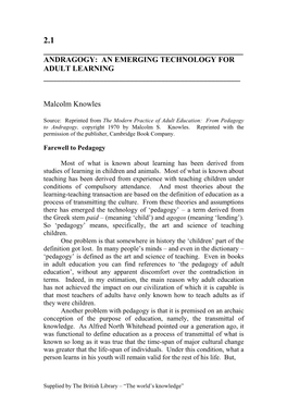 Andragogy: an Emerging Technology for Adult Learning ______