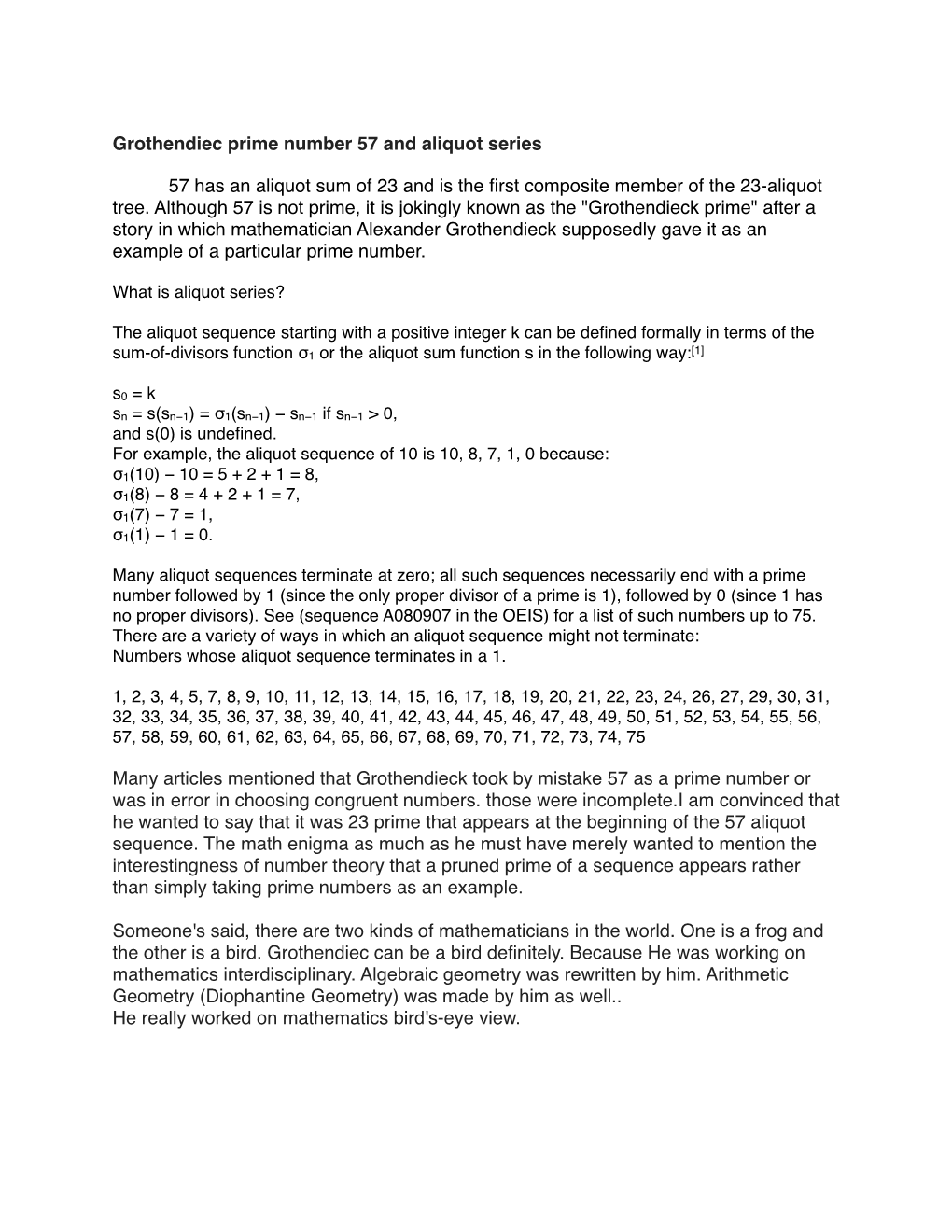 Grothendiec Prime Number 57 and Aliquot Series 57 Has an Aliquot Sum of 23 and Is the First Composite Member of the 23-Aliquot T